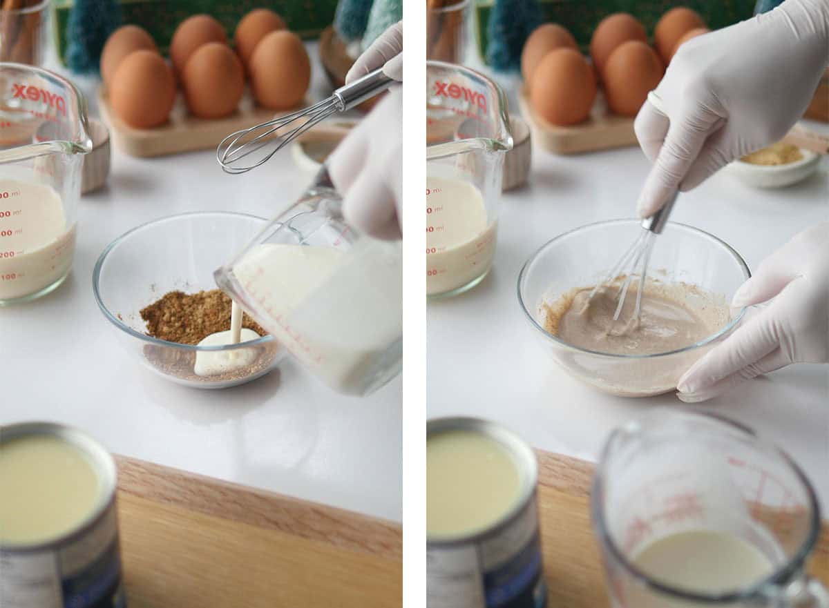 Gingerbread spice and cream are being whipped together to make a thick paste.