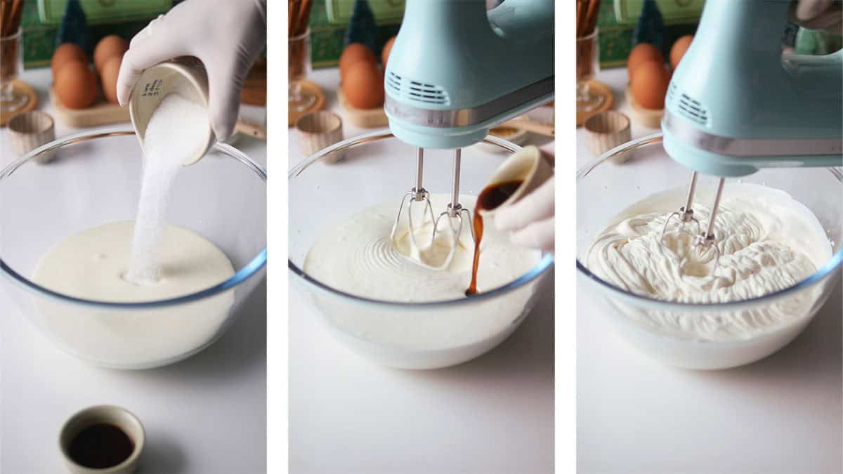 A series of 3 process photos are shown: sugar being added into a bowl of cream; vanilla extract being added to a bowl of cream being whipped; and beaters inside a bowl of whipped cream that has been whipped to a thick and stiff consistency.